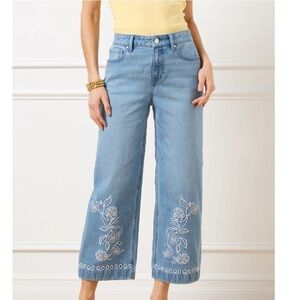Talbots High Waisted Wide Leg Crop Jeans Floral Embroidery Size 4 Blue Wash